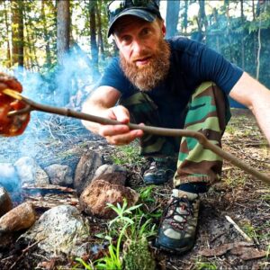 Wilderness Caveman Cook, Fish, Hunt - Overnight Primitive Shelter Build (in REMOTE WILDERNESS!!)