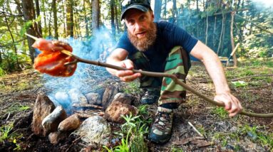 Wilderness Caveman Cook, Fish, Hunt - Overnight Primitive Shelter Build (in REMOTE WILDERNESS!!)